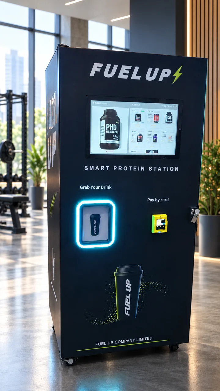 Fuel Up 機台正面：觸控螢幕、取杯窗與感應付款區